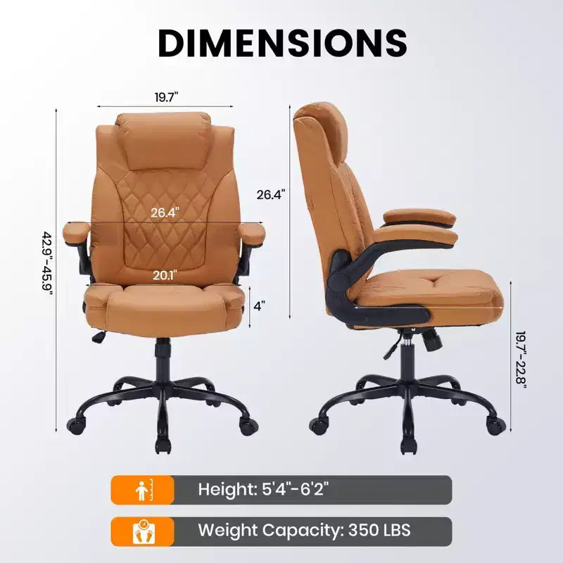 Leather Office Chair 350lbs - Ergonomic Executive Chair with Adjustable Lumbar & Flip-Up Armrests