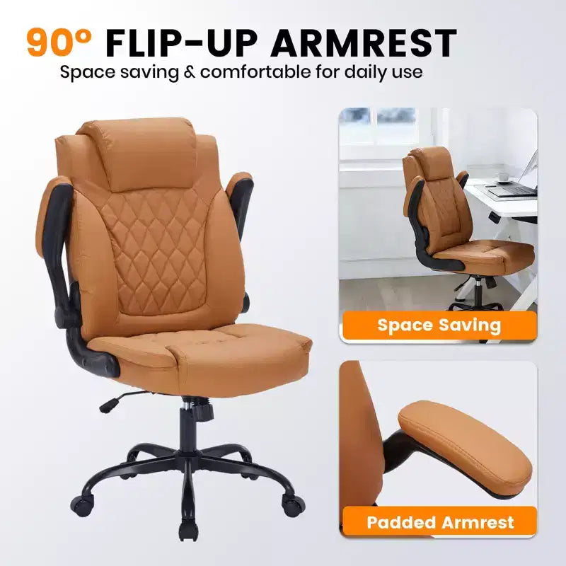 Leather Office Chair 350lbs - Ergonomic Executive Chair with Adjustable Lumbar & Flip-Up Armrests