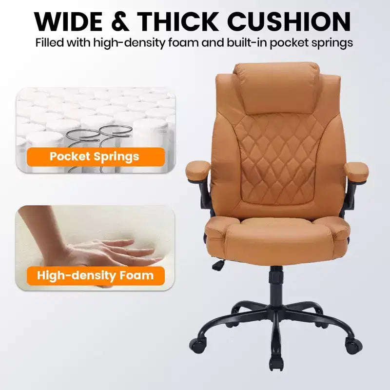 Leather Office Chair 350lbs - Ergonomic Executive Chair with Adjustable Lumbar & Flip-Up Armrests