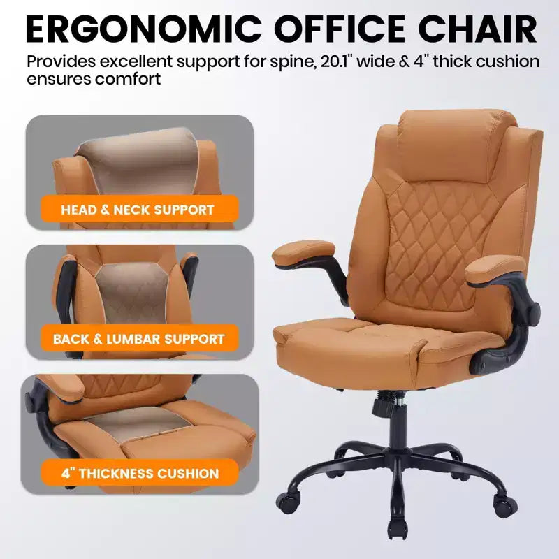 Leather Office Chair 350lbs - Ergonomic Executive Chair with Adjustable Lumbar & Flip-Up Armrests