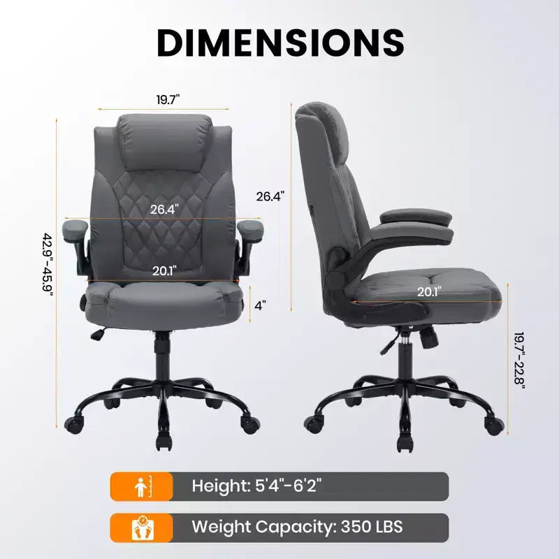 Leather Office Chair 350lbs - Ergonomic Executive Chair with Adjustable Lumbar & Flip-Up Armrests