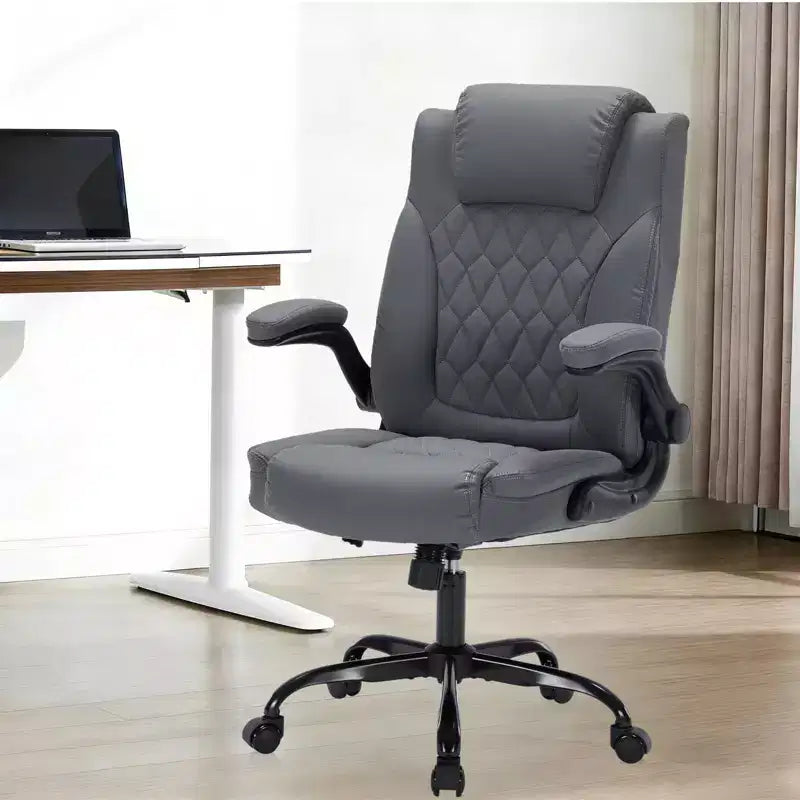 Leather Office Chair 350lbs - Ergonomic Executive Chair with Adjustable Lumbar & Flip-Up Armrests