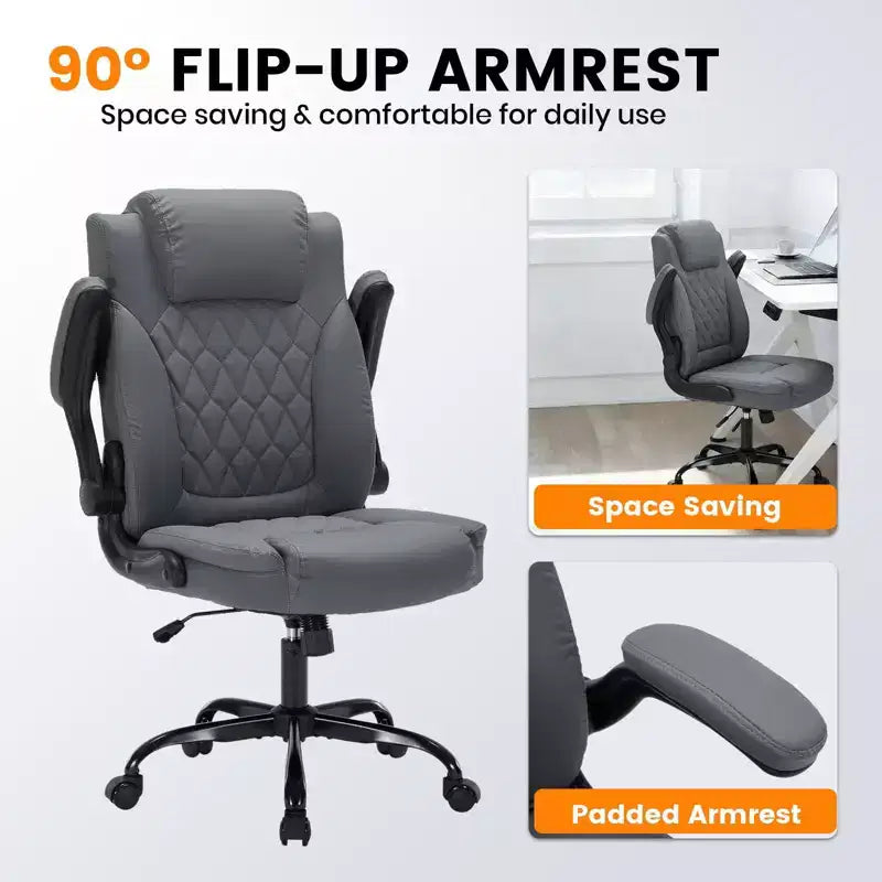 Leather Office Chair 350lbs - Ergonomic Executive Chair with Adjustable Lumbar & Flip-Up Armrests