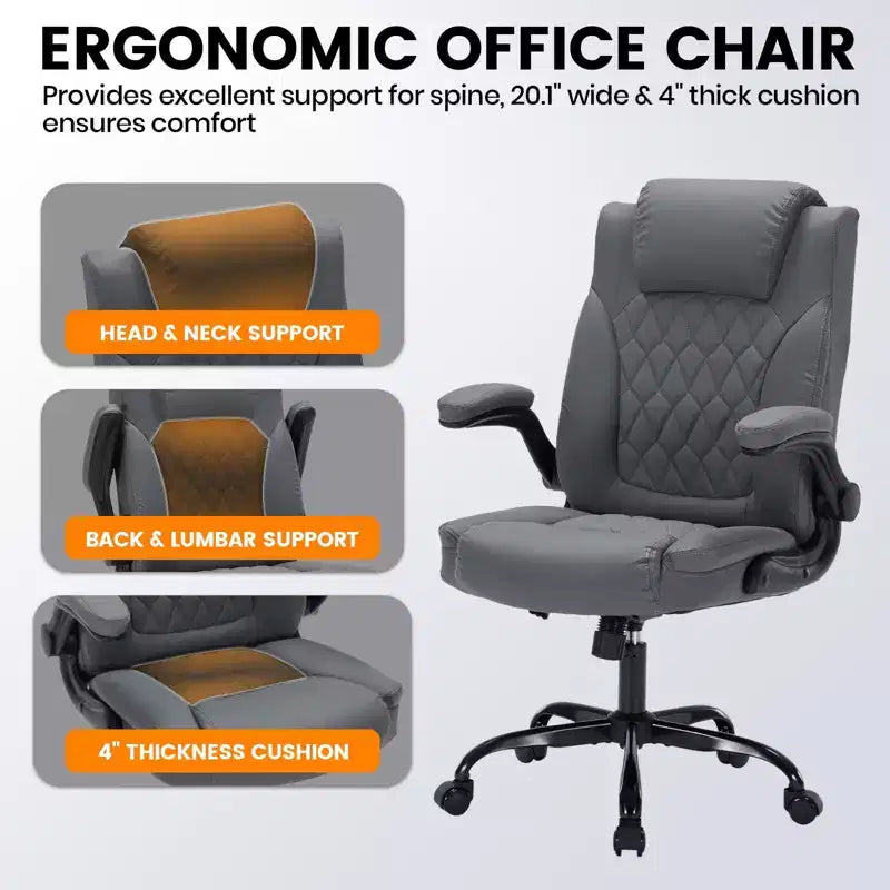 Leather Office Chair 350lbs - Ergonomic Executive Chair with Adjustable Lumbar & Flip-Up Armrests