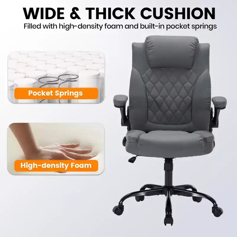Leather Office Chair 350lbs - Ergonomic Executive Chair with Adjustable Lumbar & Flip-Up Armrests