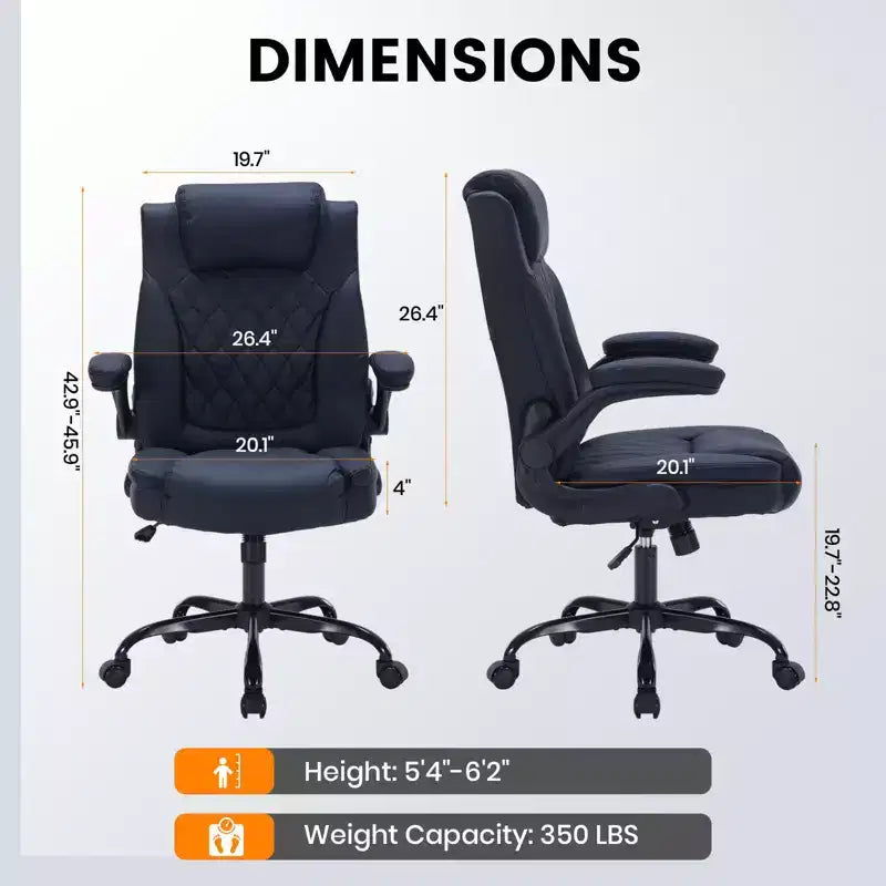 Leather Office Chair 350lbs - Ergonomic Executive Chair with Adjustable Lumbar & Flip-Up Armrests