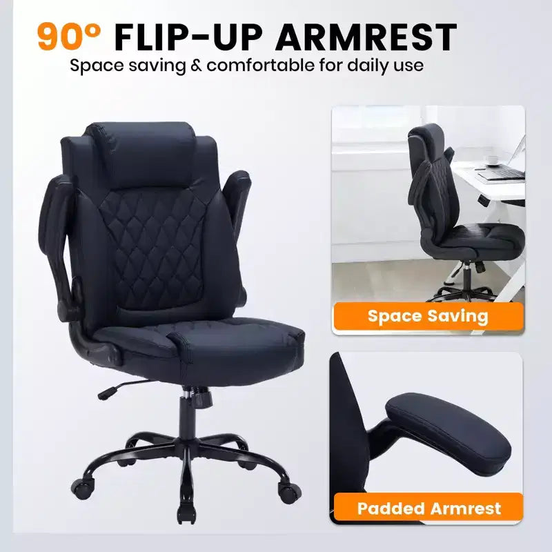 Leather Office Chair 350lbs - Ergonomic Executive Chair with Adjustable Lumbar & Flip-Up Armrests