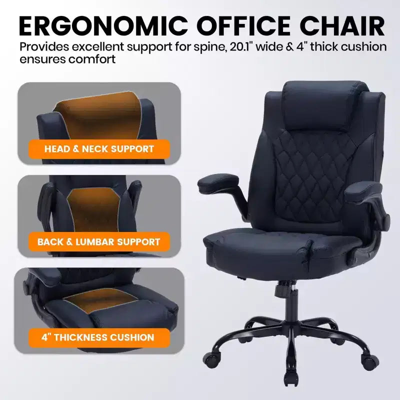 Leather Office Chair 350lbs - Ergonomic Executive Chair with Adjustable Lumbar & Flip-Up Armrests