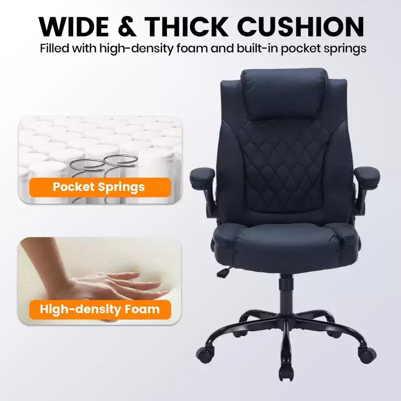 Leather Office Chair 350lbs - Ergonomic Executive Chair with Adjustable Lumbar & Flip-Up Armrests