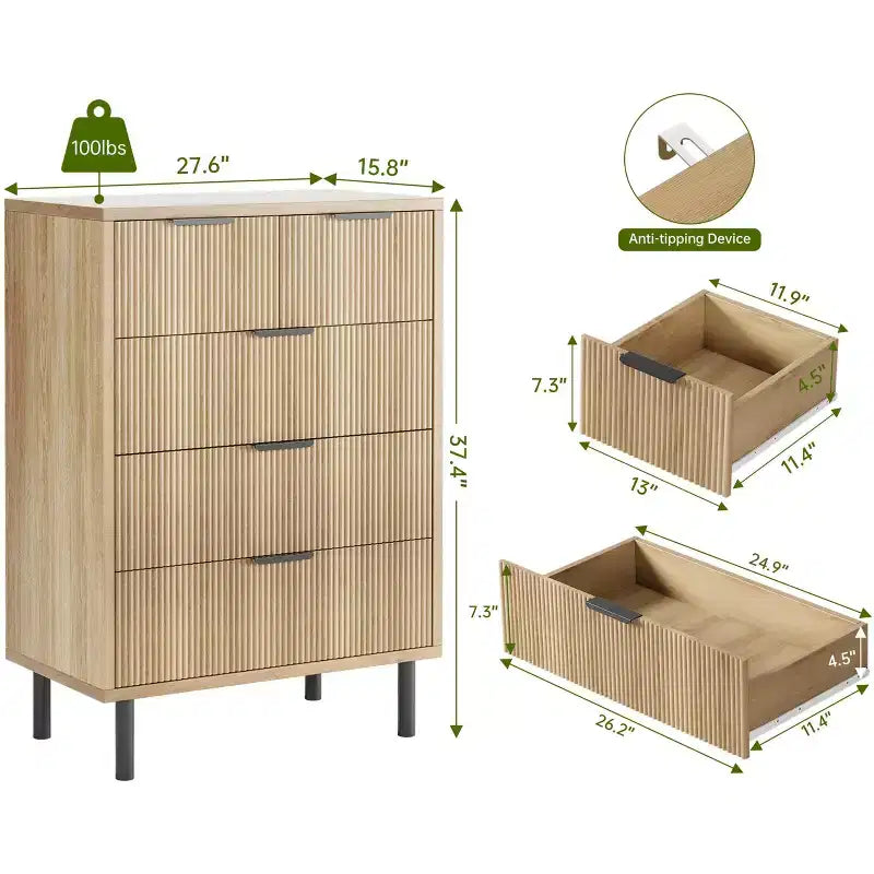 COZONY Fluted 5-Drawer Dresser Modern Wood Chest w/ Wide Drawers & Metal Legs, Natural Oak