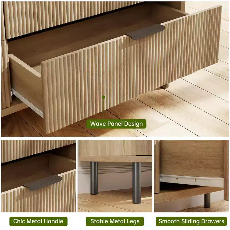 COZONY Fluted 5-Drawer Dresser Modern Wood Chest w/ Wide Drawers & Metal Legs, Natural Oak