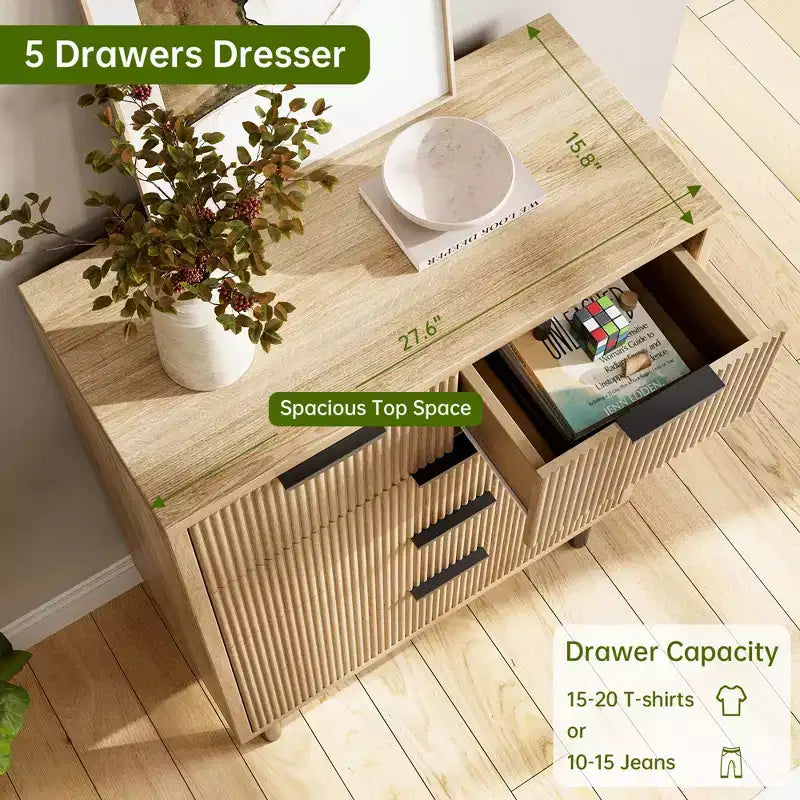 COZONY Fluted 5-Drawer Dresser Modern Wood Chest w/ Wide Drawers & Metal Legs, Natural Oak