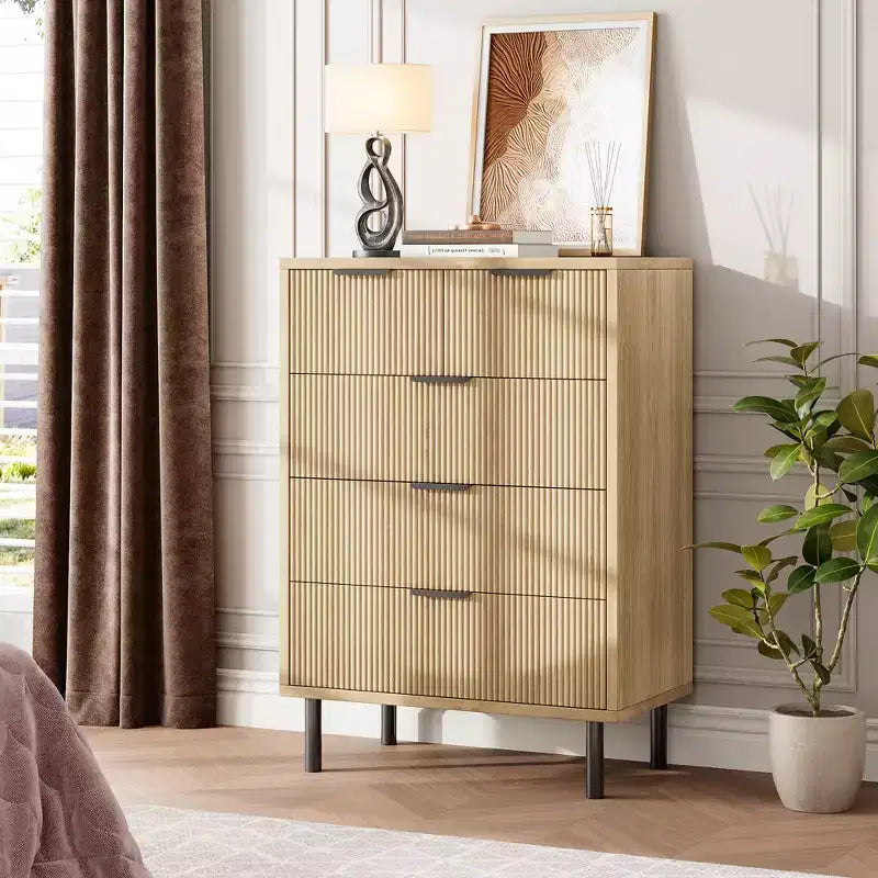 COZONY Fluted 5-Drawer Dresser Modern Wood Chest w/ Wide Drawers & Metal Legs, Natural Oak