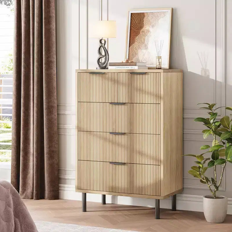 COZONY Fluted 5-Drawer Dresser Modern Wood Chest w/ Wide Drawers & Metal Legs, Natural Oak