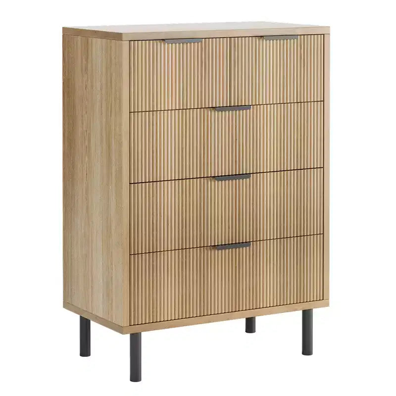 COZONY Fluted 5-Drawer Dresser Modern Wood Chest w/ Wide Drawers & Metal Legs, Natural Oak
