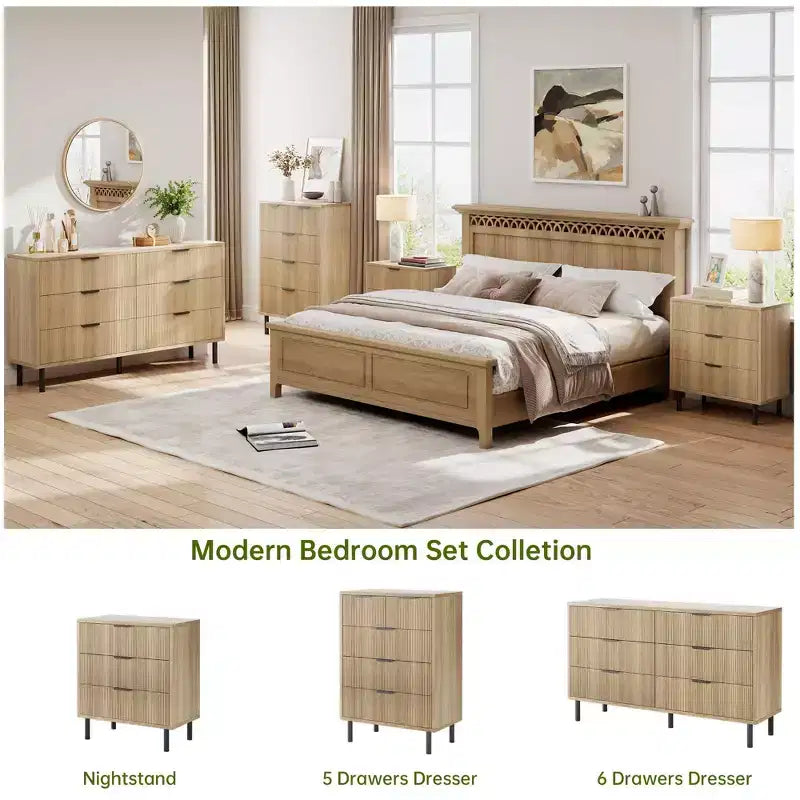 COZONY Fluted 5-Drawer Dresser Modern Wood Chest w/ Wide Drawers & Metal Legs, Natural Oak