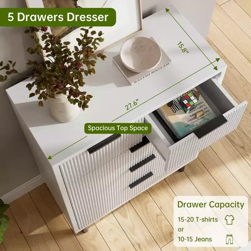 COZONY Fluted 5-Drawer Dresser Modern Wood Chest w/ Wide Drawers & Metal Legs, Natural Oak