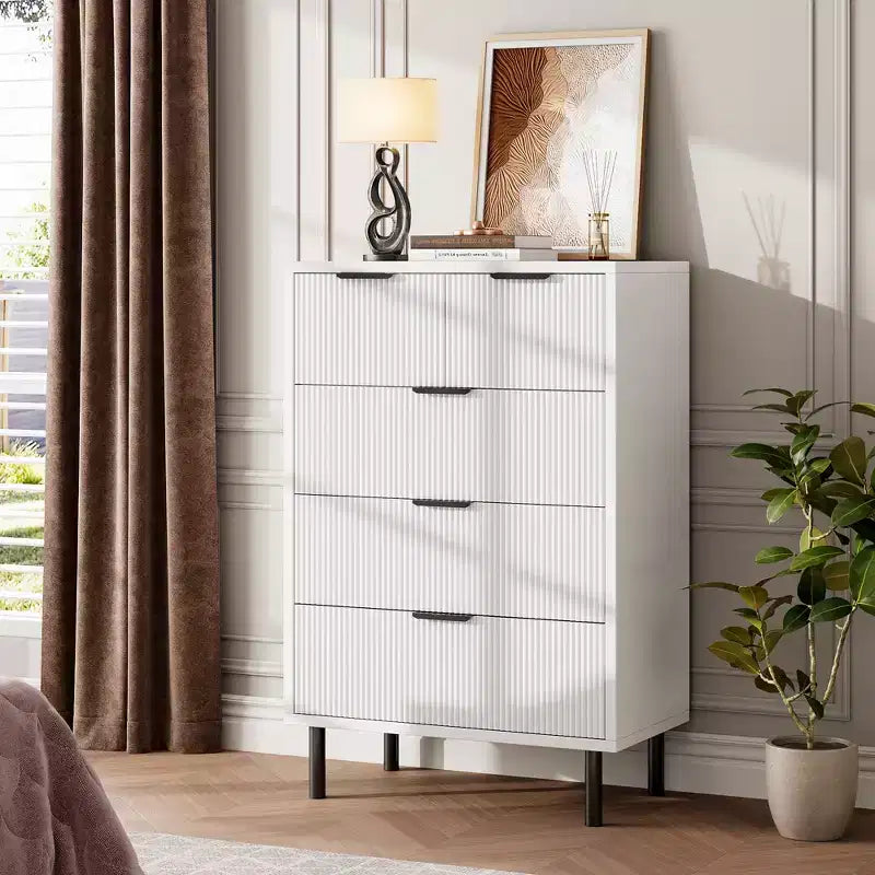 COZONY Fluted 5-Drawer Dresser Modern Wood Chest w/ Wide Drawers & Metal Legs, Natural Oak