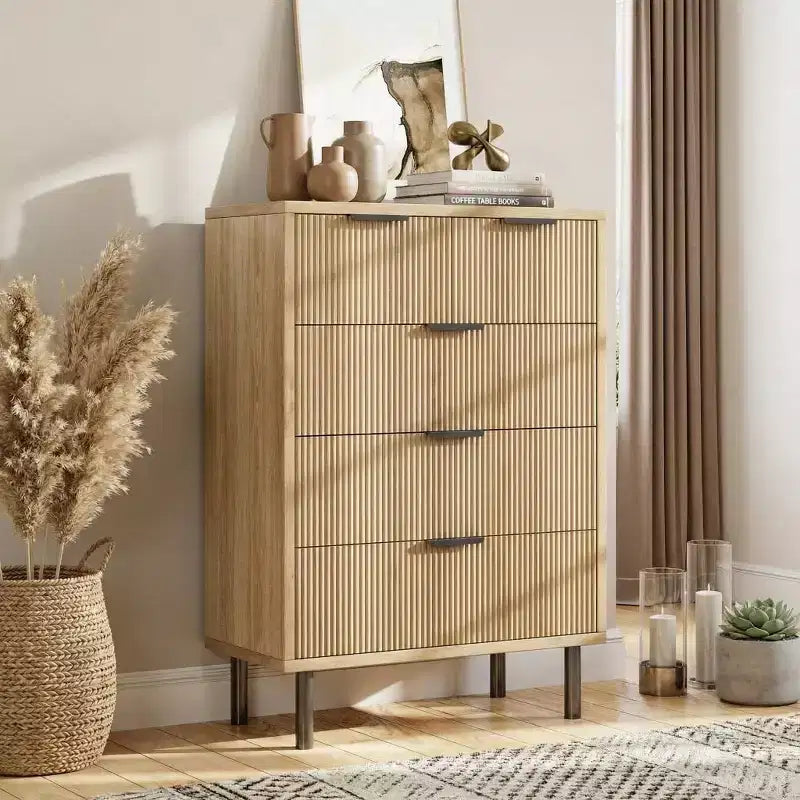 COZONY Fluted 5-Drawer Dresser Modern Wood Chest w/ Wide Drawers & Metal Legs, Natural Oak