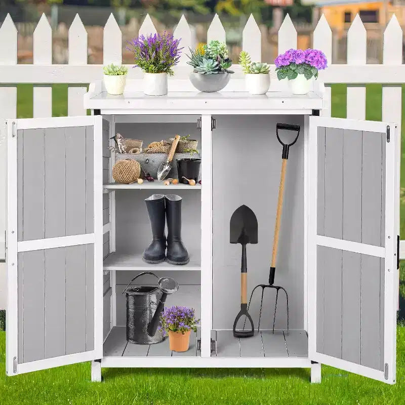 Waterproof Outdoor Potting Bench Table,with Galvanized Metal Top, Adjustable Shelves, Double Doors, Storage Cabinet,Versatile Garden Work Station
