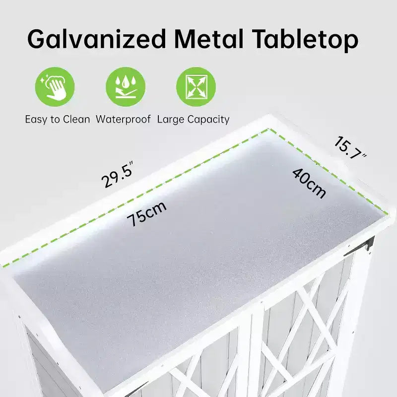 Waterproof Outdoor Potting Bench Table,with Galvanized Metal Top, Adjustable Shelves, Double Doors, Storage Cabinet,Versatile Garden Work Station