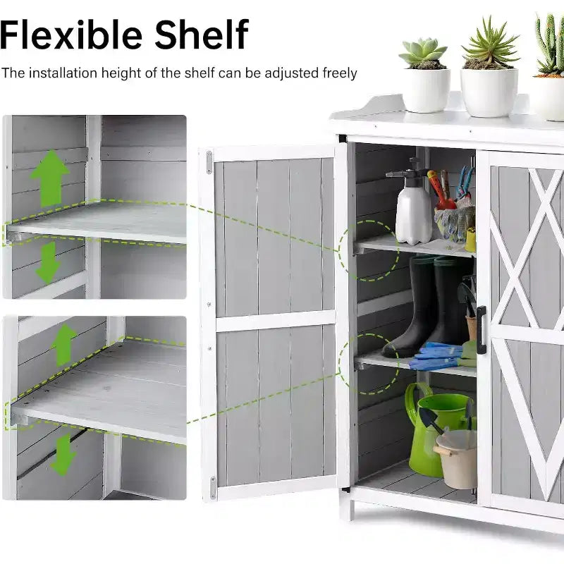 Waterproof Outdoor Potting Bench Table,with Galvanized Metal Top, Adjustable Shelves, Double Doors, Storage Cabinet,Versatile Garden Work Station