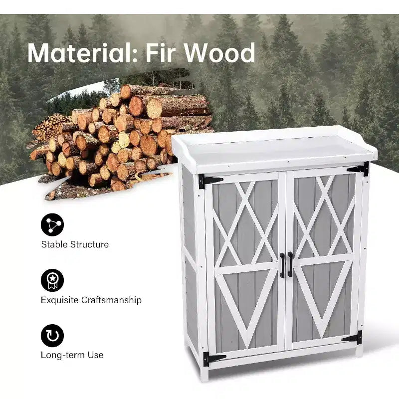 Waterproof Outdoor Potting Bench Table,with Galvanized Metal Top, Adjustable Shelves, Double Doors, Storage Cabinet,Versatile Garden Work Station