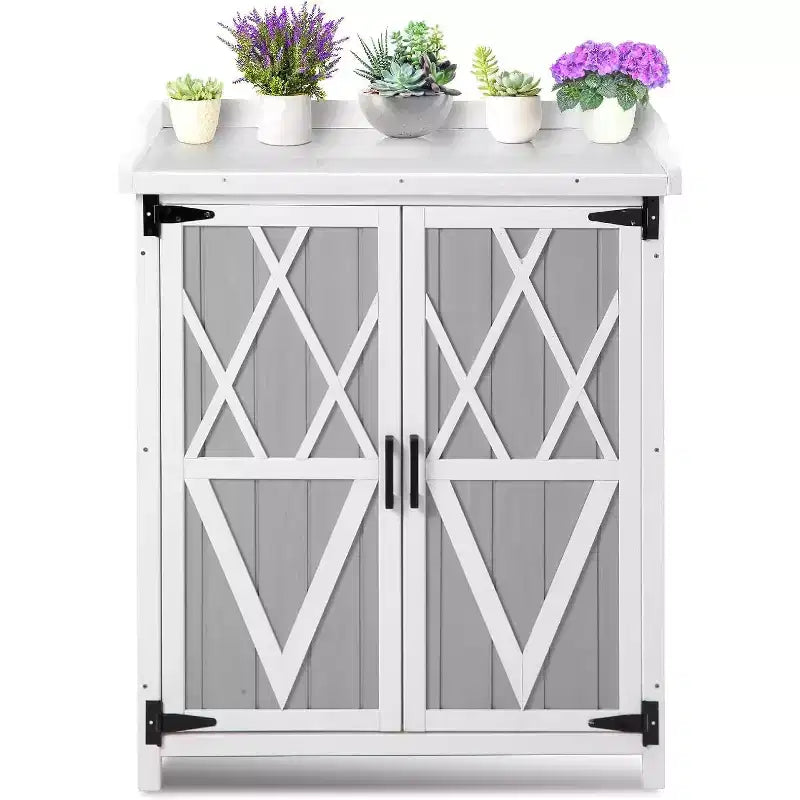 Waterproof Outdoor Potting Bench Table,with Galvanized Metal Top, Adjustable Shelves, Double Doors, Storage Cabinet,Versatile Garden Work Station