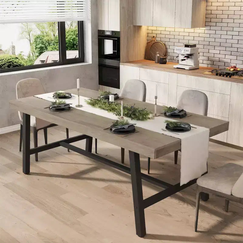 Modern Industrial Dining Table for 6-8, Rectangular Wooden Table with Heavy-Duty Metal Legs, Easy Assembly, for Kitchen, Dining Room, Apartment