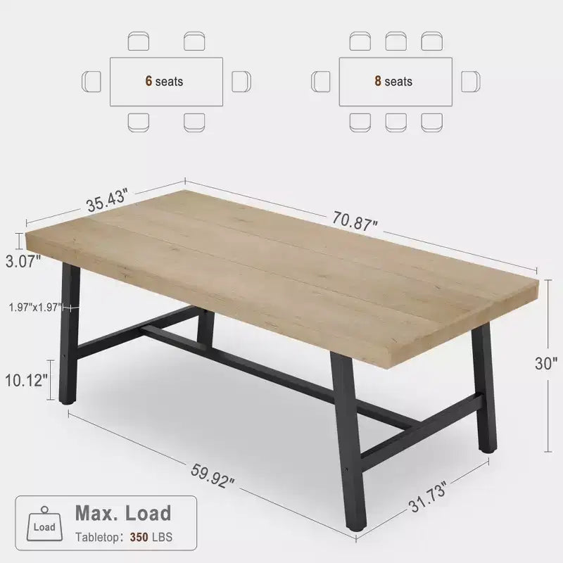 Modern Industrial Dining Table for 6-8, Rectangular Wooden Table with Heavy-Duty Metal Legs, Easy Assembly, for Kitchen, Dining Room, Apartment
