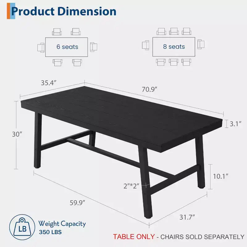 Modern Industrial Dining Table for 6-8, Rectangular Wooden Table with Heavy-Duty Metal Legs, Easy Assembly, for Kitchen, Dining Room, Apartment