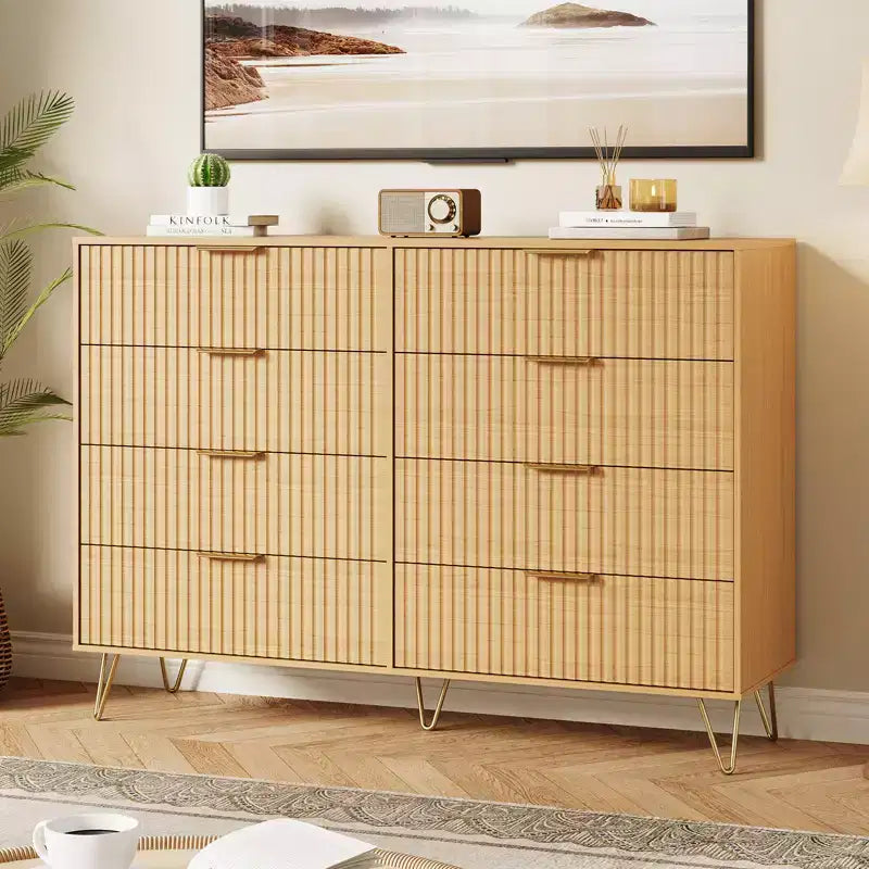 Acekool Fluted 8 Drawer Dresser for Bedroom, Wide Modern Wood Chest and TV Stand for Living Room Hallway