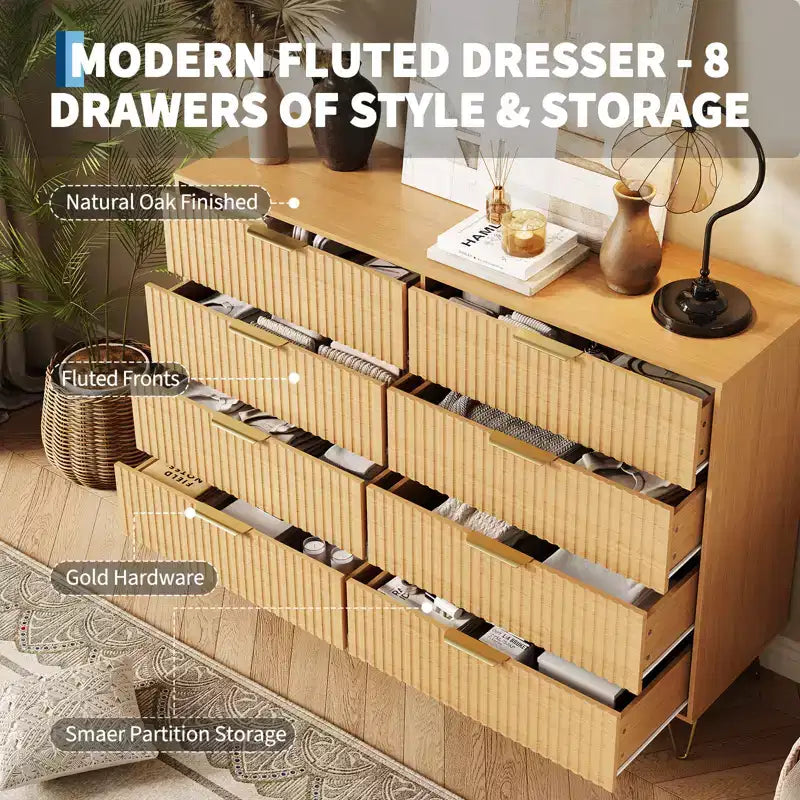 Acekool Fluted 8 Drawer Dresser for Bedroom, Wide Modern Wood Chest and TV Stand for Living Room Hallway
