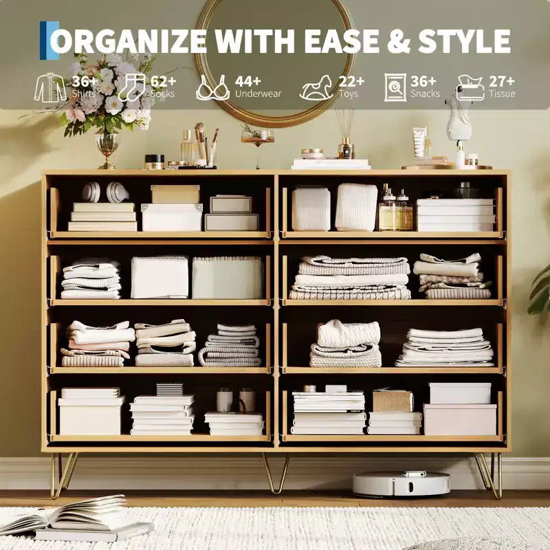 Acekool Fluted 8 Drawer Dresser for Bedroom, Wide Modern Wood Chest and TV Stand for Living Room Hallway
