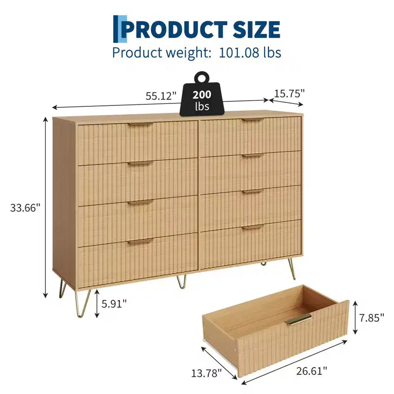Acekool Fluted 8 Drawer Dresser for Bedroom, Wide Modern Wood Chest and TV Stand for Living Room Hallway