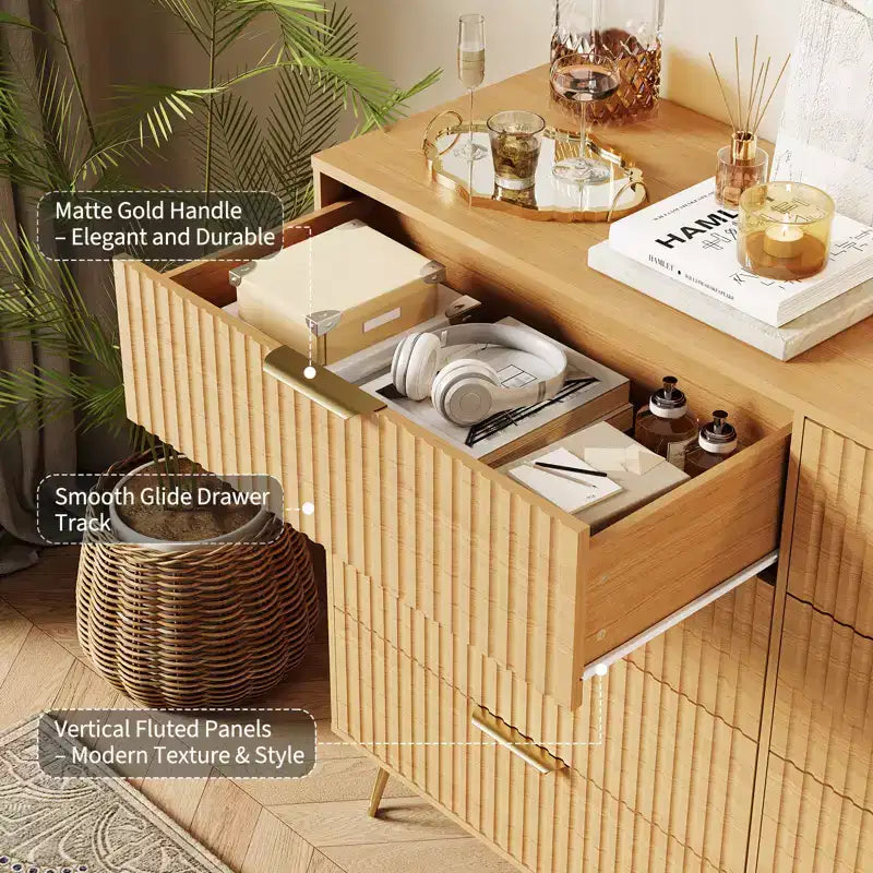 Acekool Fluted 8 Drawer Dresser for Bedroom, Wide Modern Wood Chest and TV Stand for Living Room Hallway