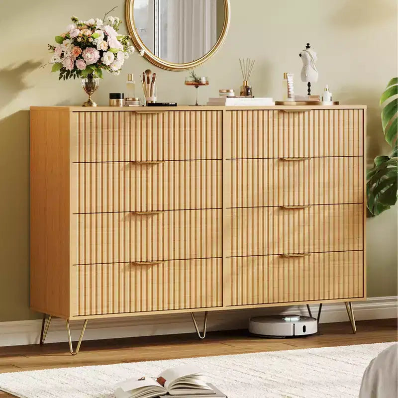 Acekool Fluted 8 Drawer Dresser for Bedroom, Wide Modern Wood Chest and TV Stand for Living Room Hallway
