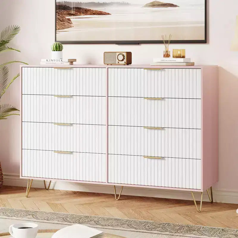 Acekool Fluted 8 Drawer Dresser for Bedroom, Wide Modern Wood Chest and TV Stand for Living Room Hallway