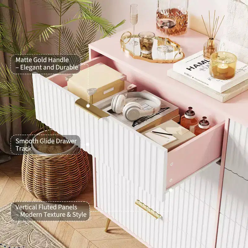 Acekool Fluted 8 Drawer Dresser for Bedroom, Wide Modern Wood Chest and TV Stand for Living Room Hallway