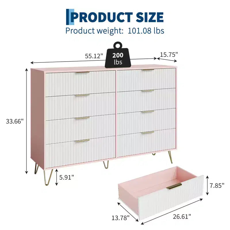 Acekool Fluted 8 Drawer Dresser for Bedroom, Wide Modern Wood Chest and TV Stand for Living Room Hallway