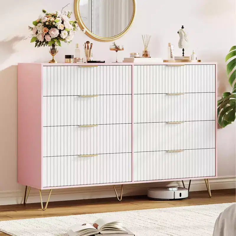 Acekool Fluted 8 Drawer Dresser for Bedroom, Wide Modern Wood Chest and TV Stand for Living Room Hallway