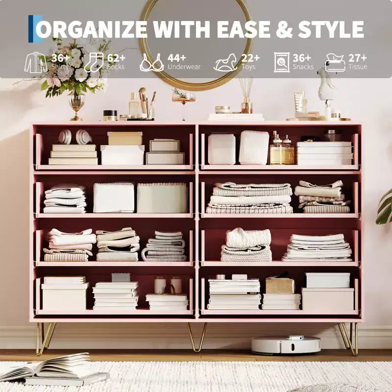 Acekool Fluted 8 Drawer Dresser for Bedroom, Wide Modern Wood Chest and TV Stand for Living Room Hallway