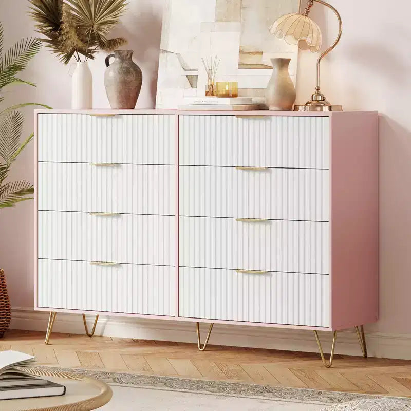 Acekool Fluted 8 Drawer Dresser for Bedroom, Wide Modern Wood Chest and TV Stand for Living Room Hallway