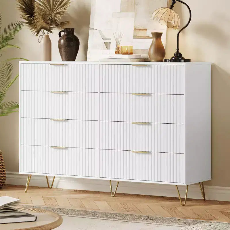 Acekool Fluted 8 Drawer Dresser for Bedroom, Wide Modern Wood Chest and TV Stand for Living Room Hallway