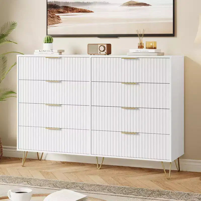 Acekool Fluted 8 Drawer Dresser for Bedroom, Wide Modern Wood Chest and TV Stand for Living Room Hallway