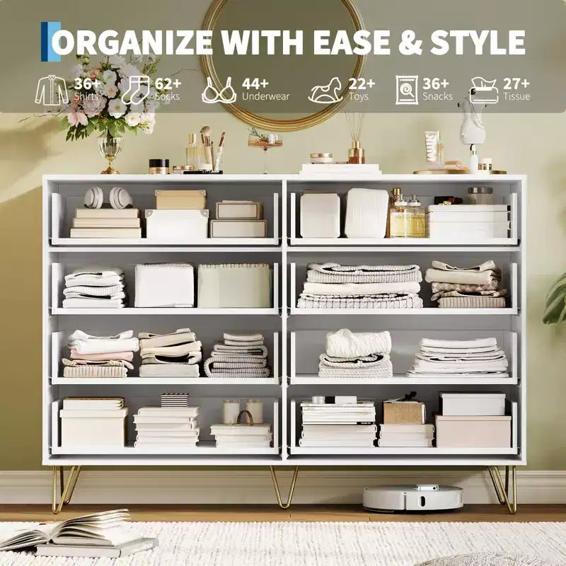 Acekool Fluted 8 Drawer Dresser for Bedroom, Wide Modern Wood Chest and TV Stand for Living Room Hallway