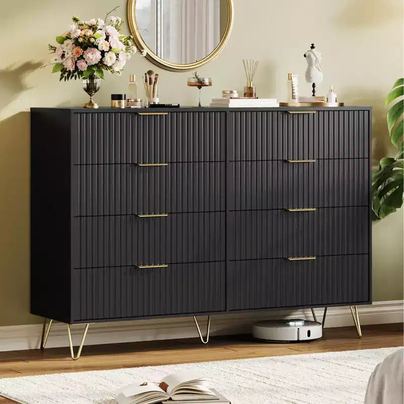 Acekool Fluted 8 Drawer Dresser for Bedroom, Wide Modern Wood Chest and TV Stand for Living Room Hallway