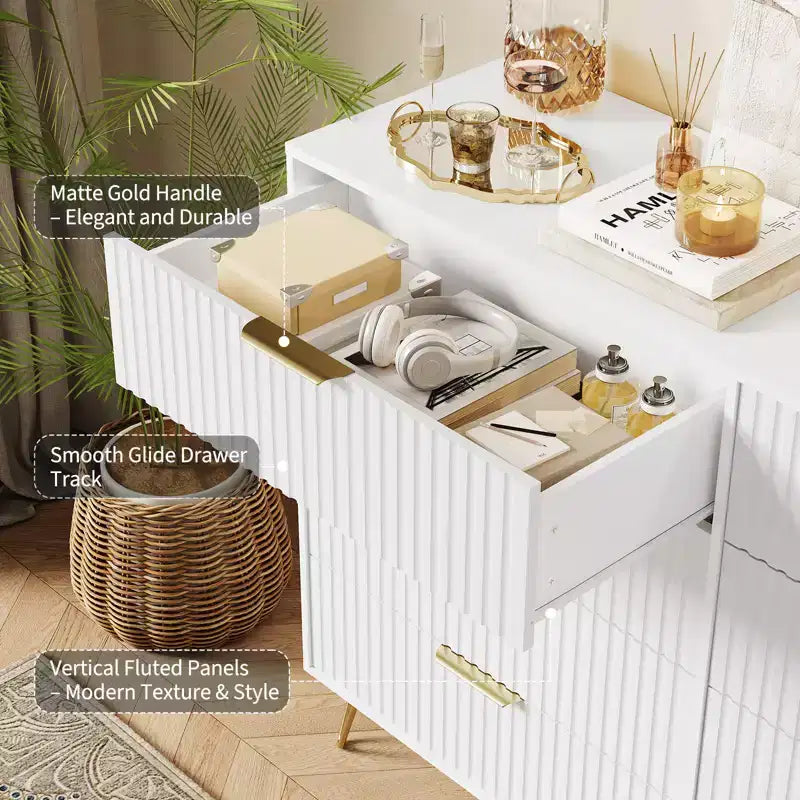 Acekool Fluted 8 Drawer Dresser for Bedroom, Wide Modern Wood Chest and TV Stand for Living Room Hallway
