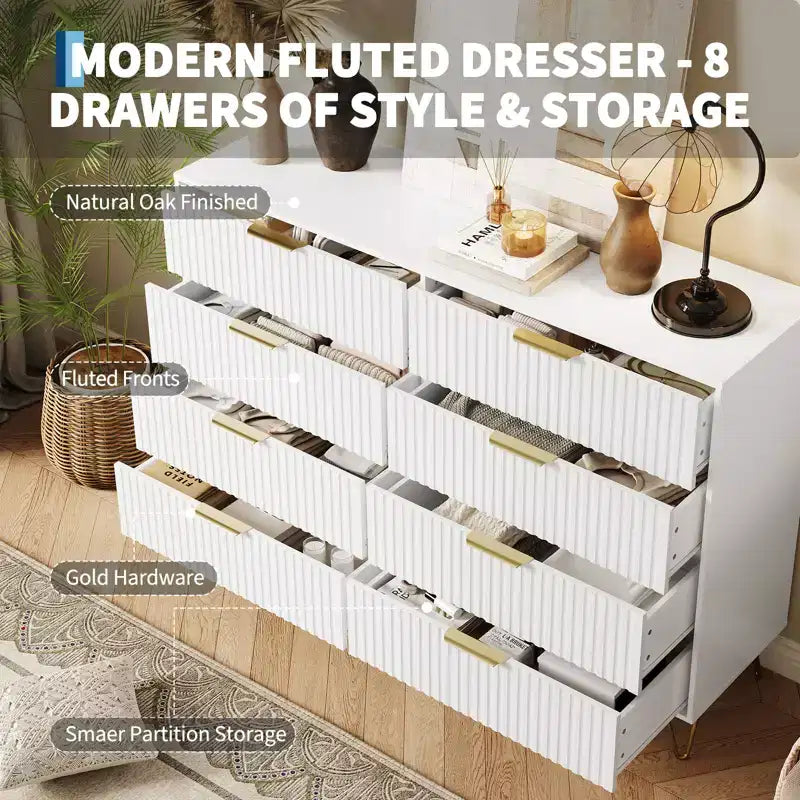 Acekool Fluted 8 Drawer Dresser for Bedroom, Wide Modern Wood Chest and TV Stand for Living Room Hallway