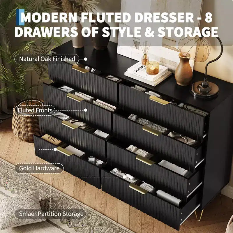Acekool Fluted 8 Drawer Dresser for Bedroom, Wide Modern Wood Chest and TV Stand for Living Room Hallway